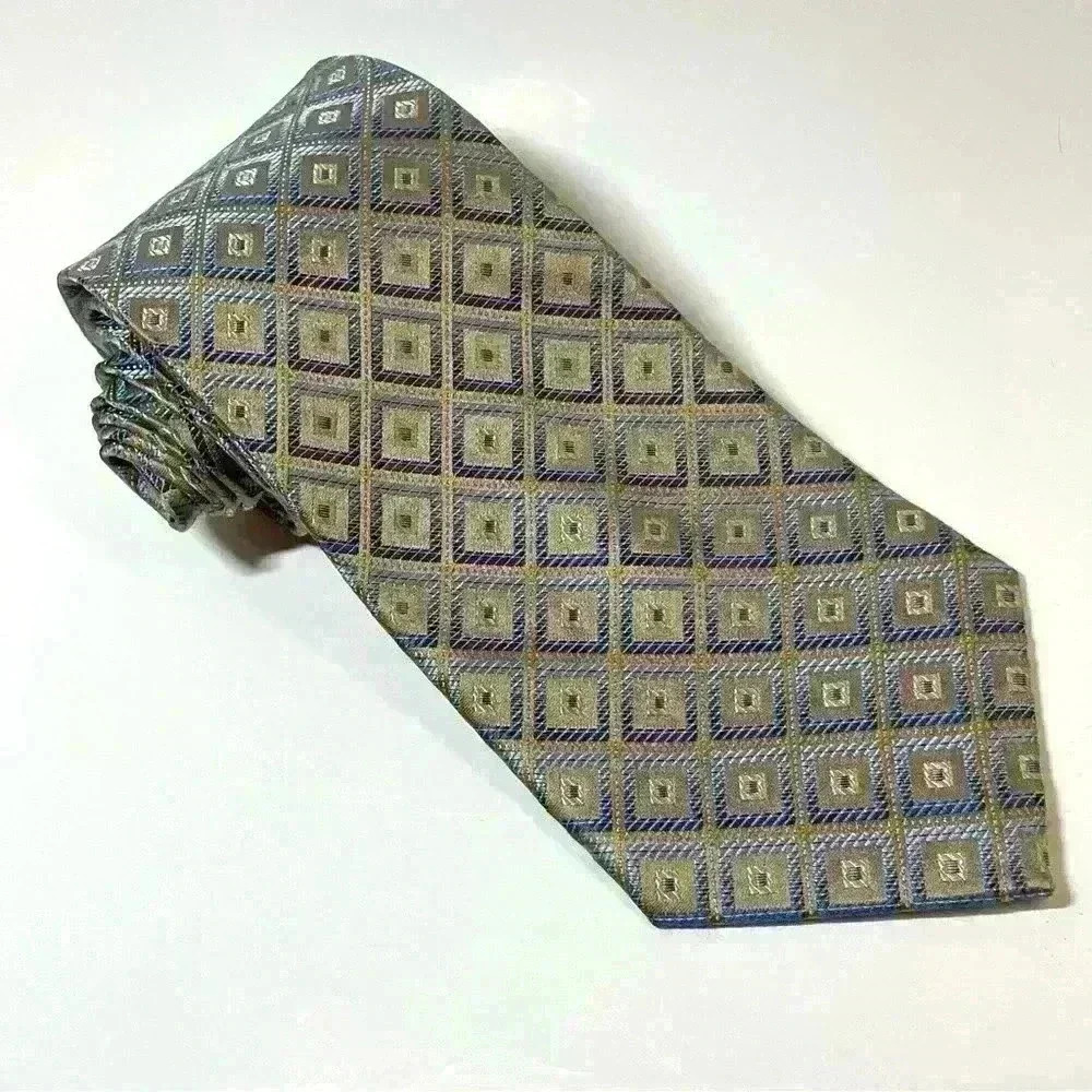 Platinum Designs Hand Made 100% Silk Men’s Necktie Geometric Blue & Tan Long Tie